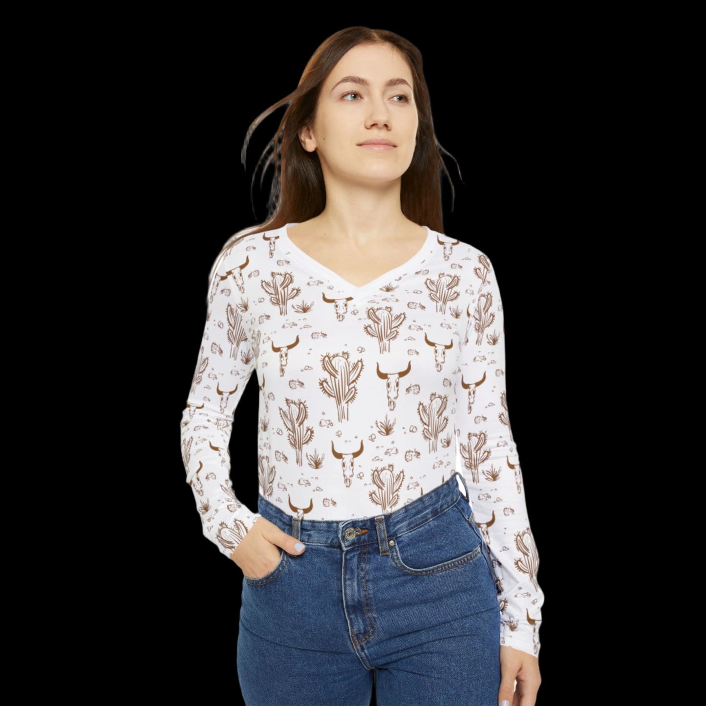 Longhorn Skull, Women's Long Sleeve V-neck Shirt (AOP)