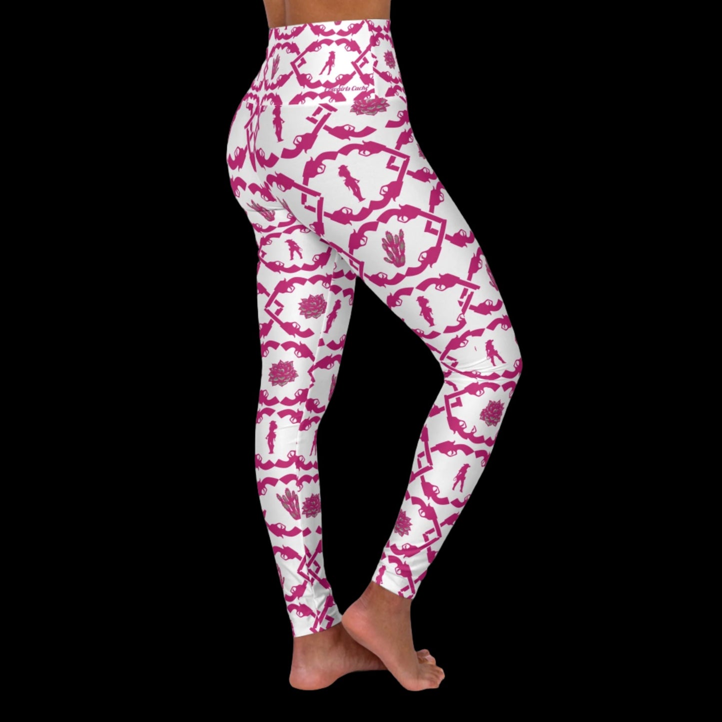 Pink Gun Slinger, High Waisted Yoga Leggings (AOP)