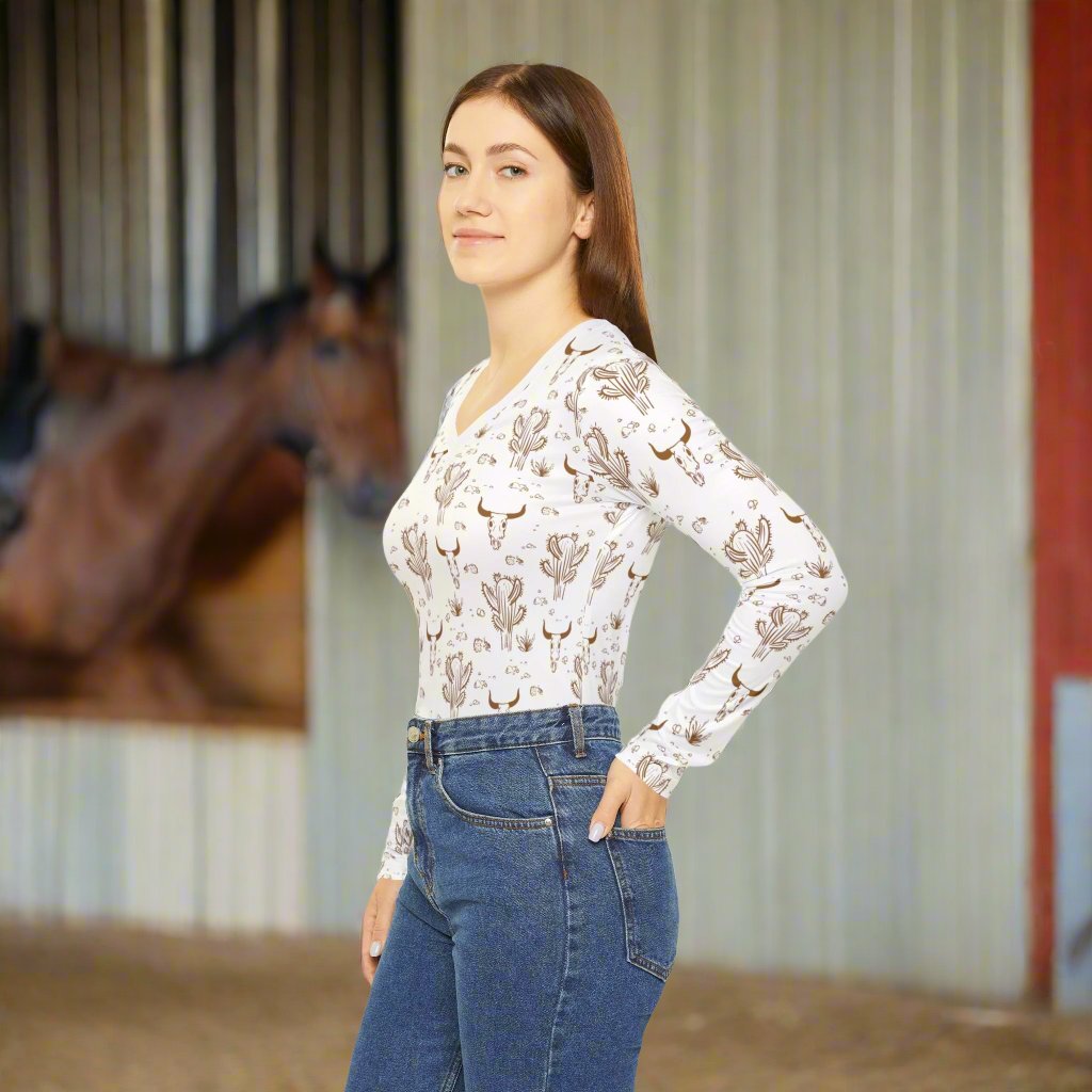 Longhorn Skull, Women's Long Sleeve V-neck Shirt (AOP)