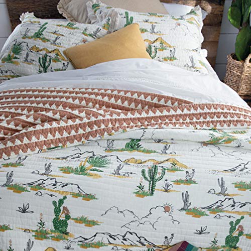 Rod's Vintage Cactus (Quilt Set) Desert Mountain Scene Ruffle - Green, Yellow, Gold, Terracotta, Rust, Brown, White - 3 Piece King Bedding Set - (1) King Quilt (105x95in) and (2) King Shams (20x36in)