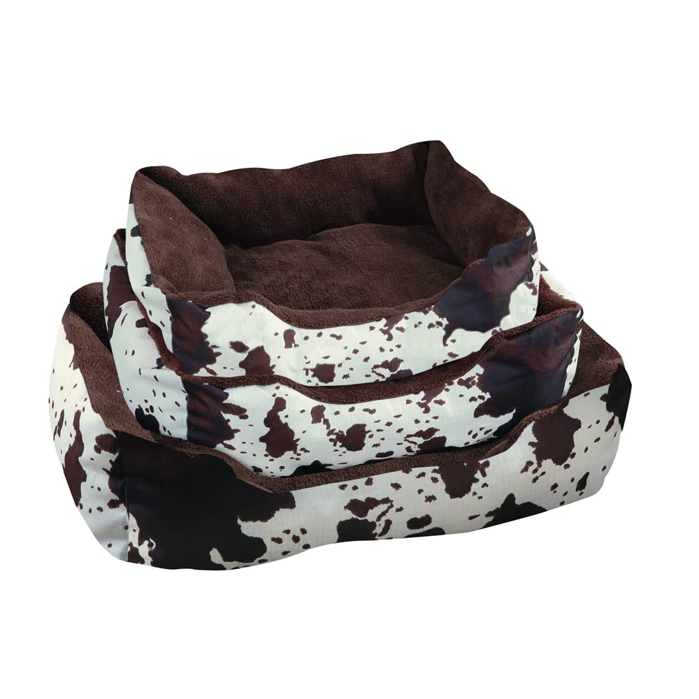 Dog Bed-Cow Print Cowhide-Chocolate Sherpa Lined-Pet Bed-27"x22"x10.5"-Polyester