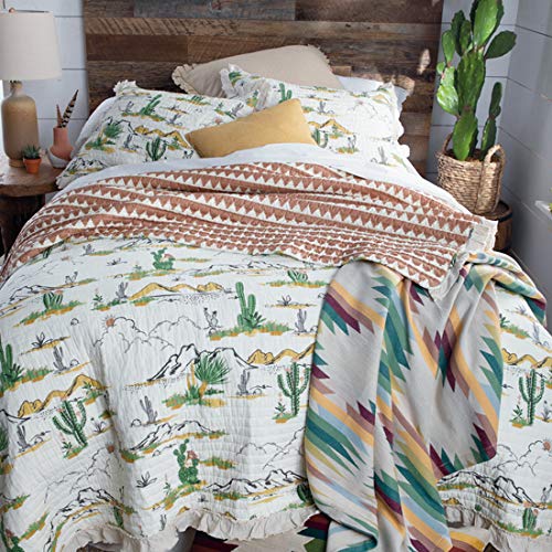 Rod's Vintage Cactus (Quilt Set) Desert Mountain Scene Ruffle - Green, Yellow, Gold, Terracotta, Rust, Brown, White - 3 Piece King Bedding Set - (1) King Quilt (105x95in) and (2) King Shams (20x36in)