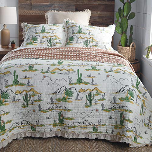Rod's Vintage Cactus (Quilt Set) Desert Mountain Scene Ruffle - Green, Yellow, Gold, Terracotta, Rust, Brown, White - 3 Piece King Bedding Set - (1) King Quilt (105x95in) and (2) King Shams (20x36in)