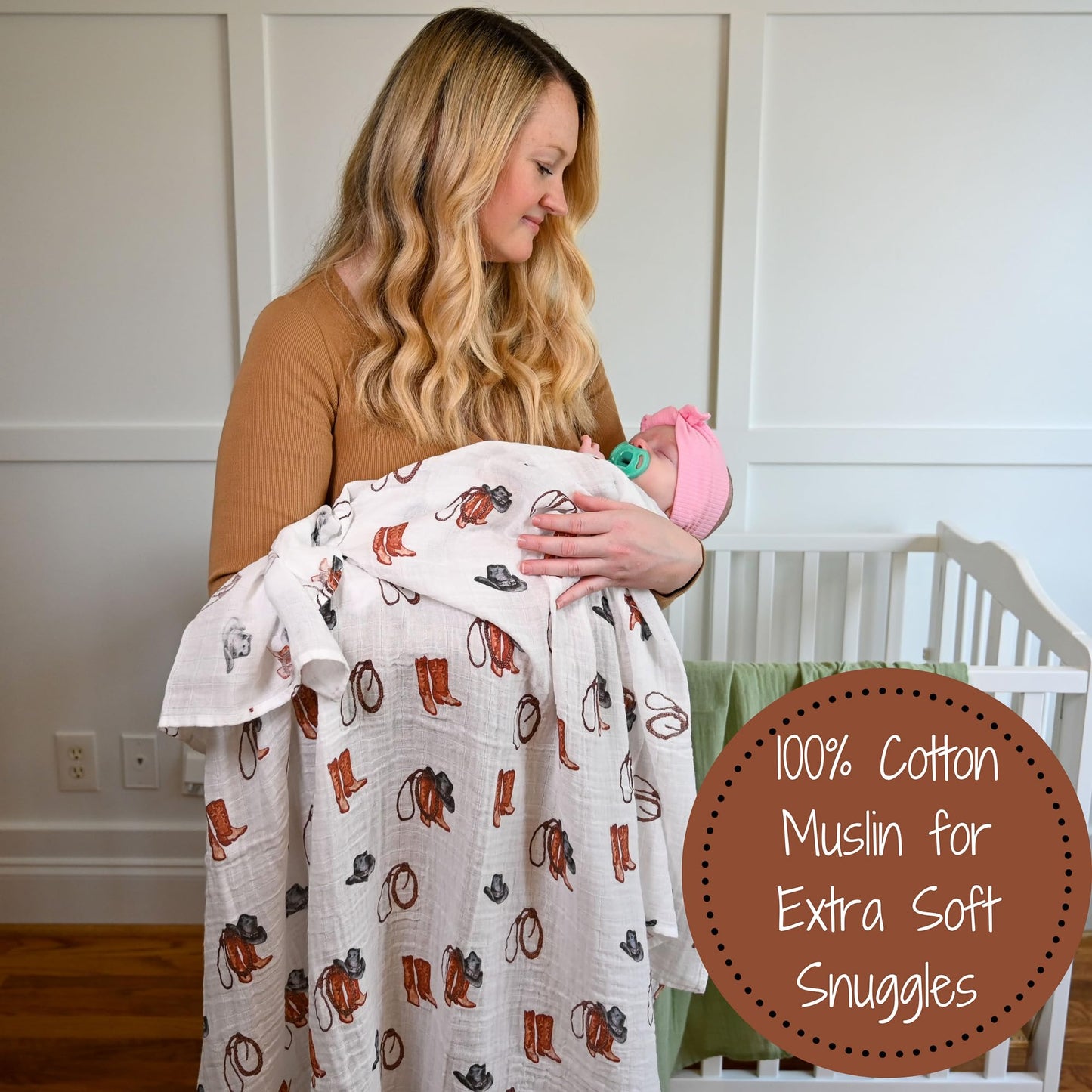 LollyBanks Swaddle Blanket | 100% Muslin Cotton | Gender Neutral Newborn and Baby Nursery Essentials for Girls and Boys, Registry | Cowboy Boot and Horseshoe 2 Pack