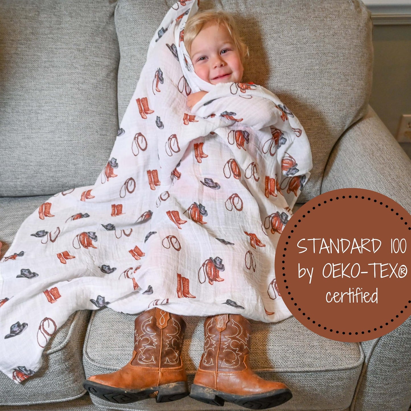 LollyBanks Swaddle Blanket | 100% Muslin Cotton | Gender Neutral Newborn and Baby Nursery Essentials for Girls and Boys, Registry | Cowboy Boot and Horseshoe 2 Pack