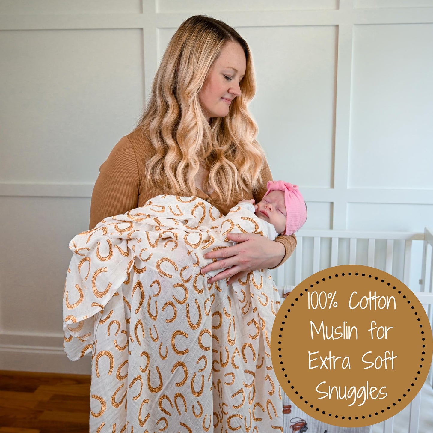 LollyBanks Swaddle Blanket | 100% Muslin Cotton | Gender Neutral Newborn and Baby Nursery Essentials for Girls and Boys, Registry | Cowboy Boot and Horseshoe 2 Pack