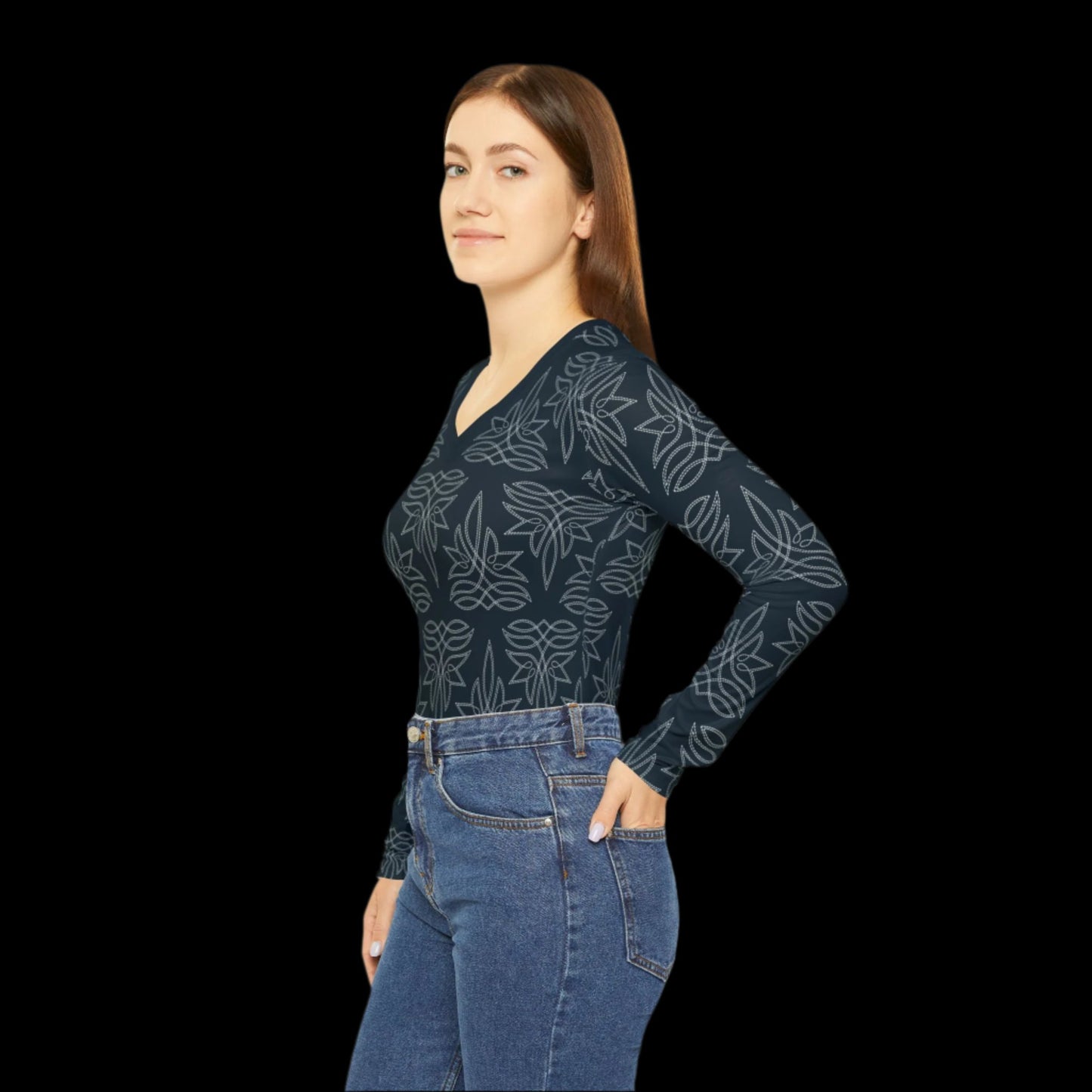 Boot Stitch Dark Blue, Women's Long Sleeve V-neck Shirt (AOP)