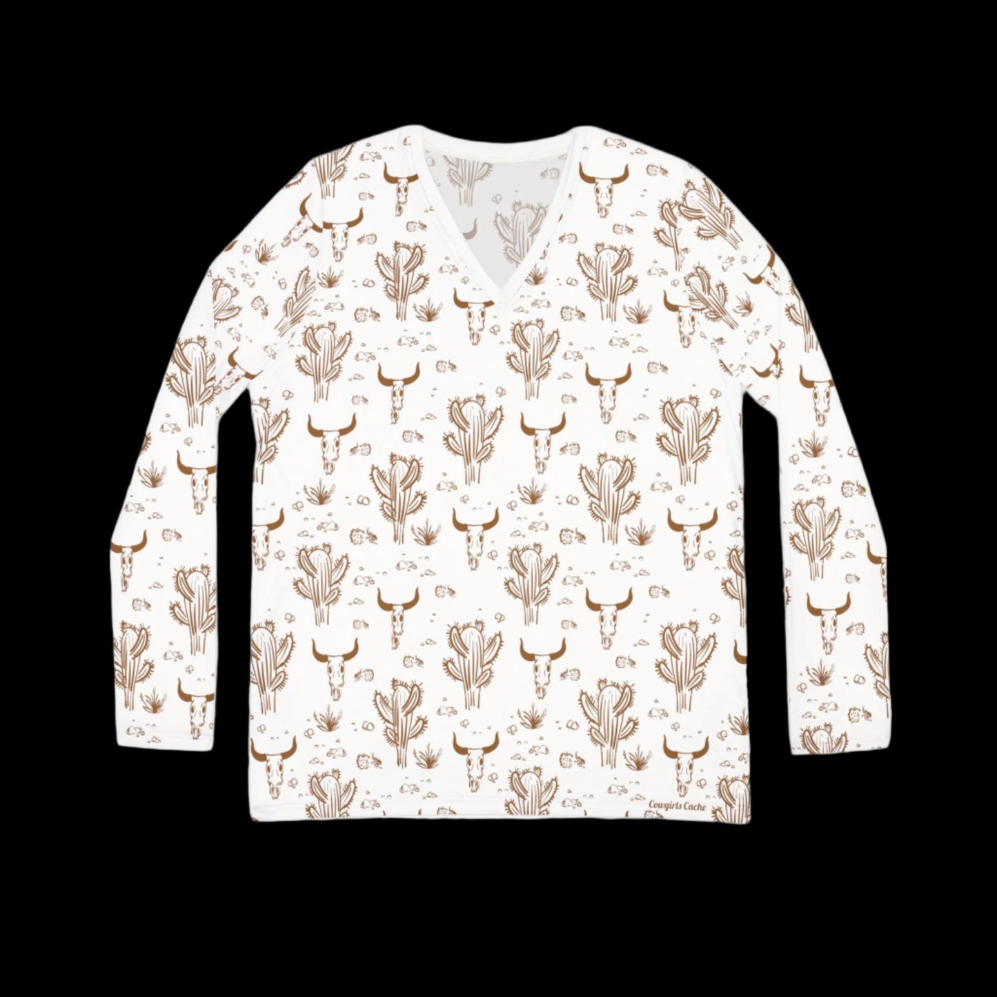 Longhorn Skull, Women's Long Sleeve V-neck Shirt (AOP)