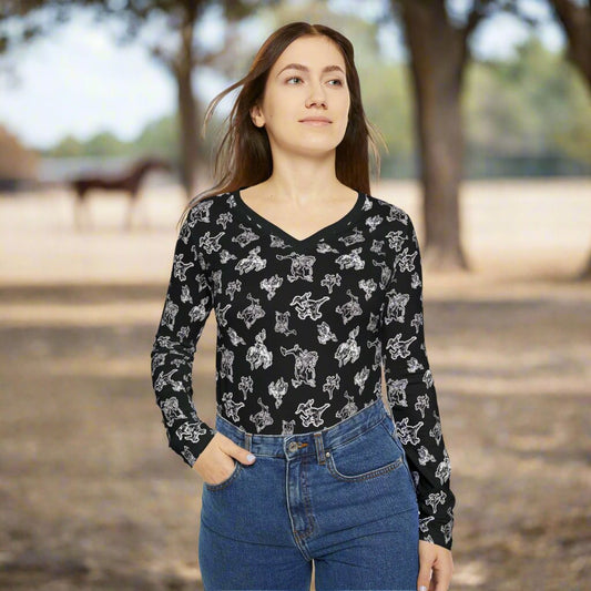 Vintage Bronc, Women's Long Sleeve V-neck Shirt (AOP)