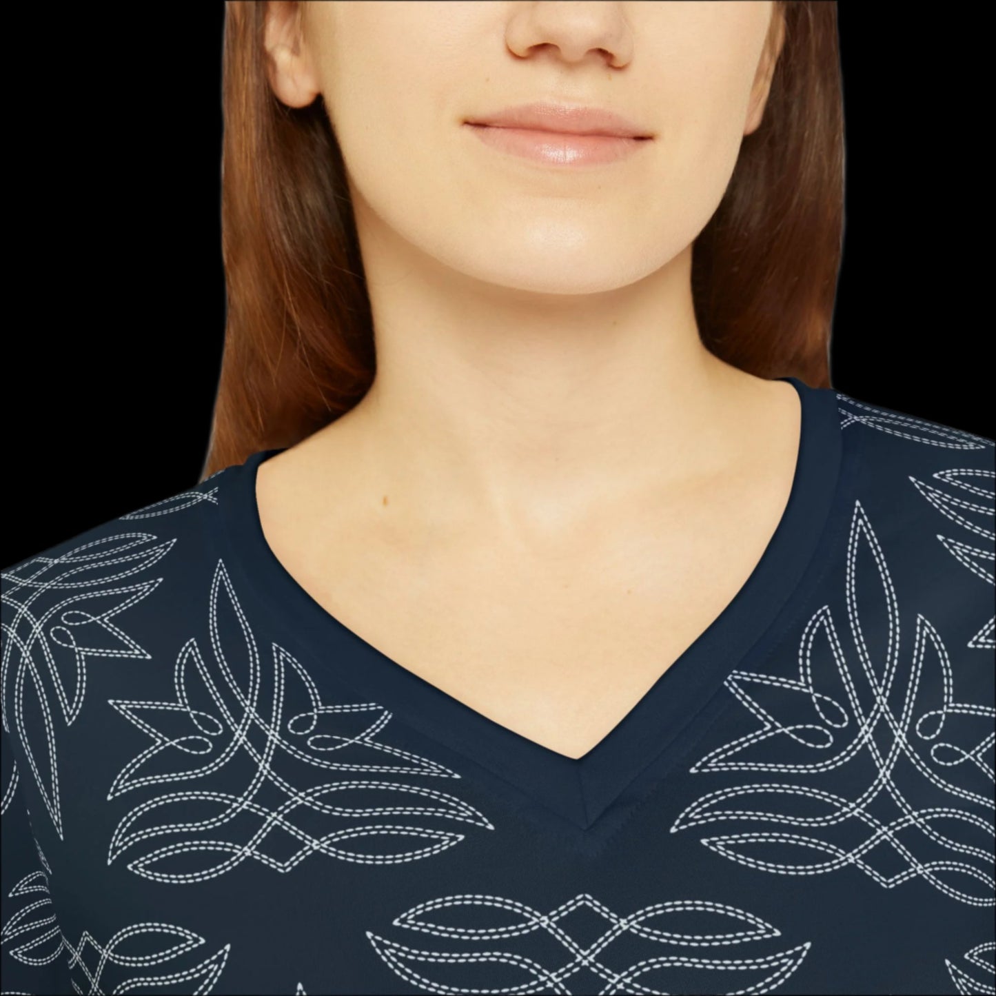 Boot Stitch Dark Blue, Women's Long Sleeve V-neck Shirt (AOP)