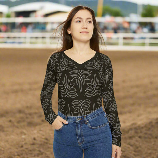 Boot Stitch Dark Brown, Women's Long Sleeve V-neck Shirt (AOP)