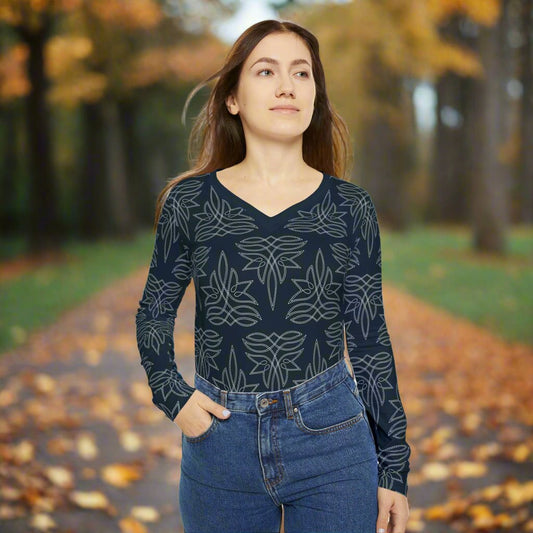 Boot Stitch Dark Blue, Women's Long Sleeve V-neck Shirt (AOP)