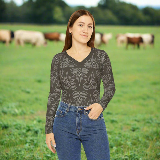 Boot Stitch Olive Green, Women's Long Sleeve V-neck Shirt (AOP)