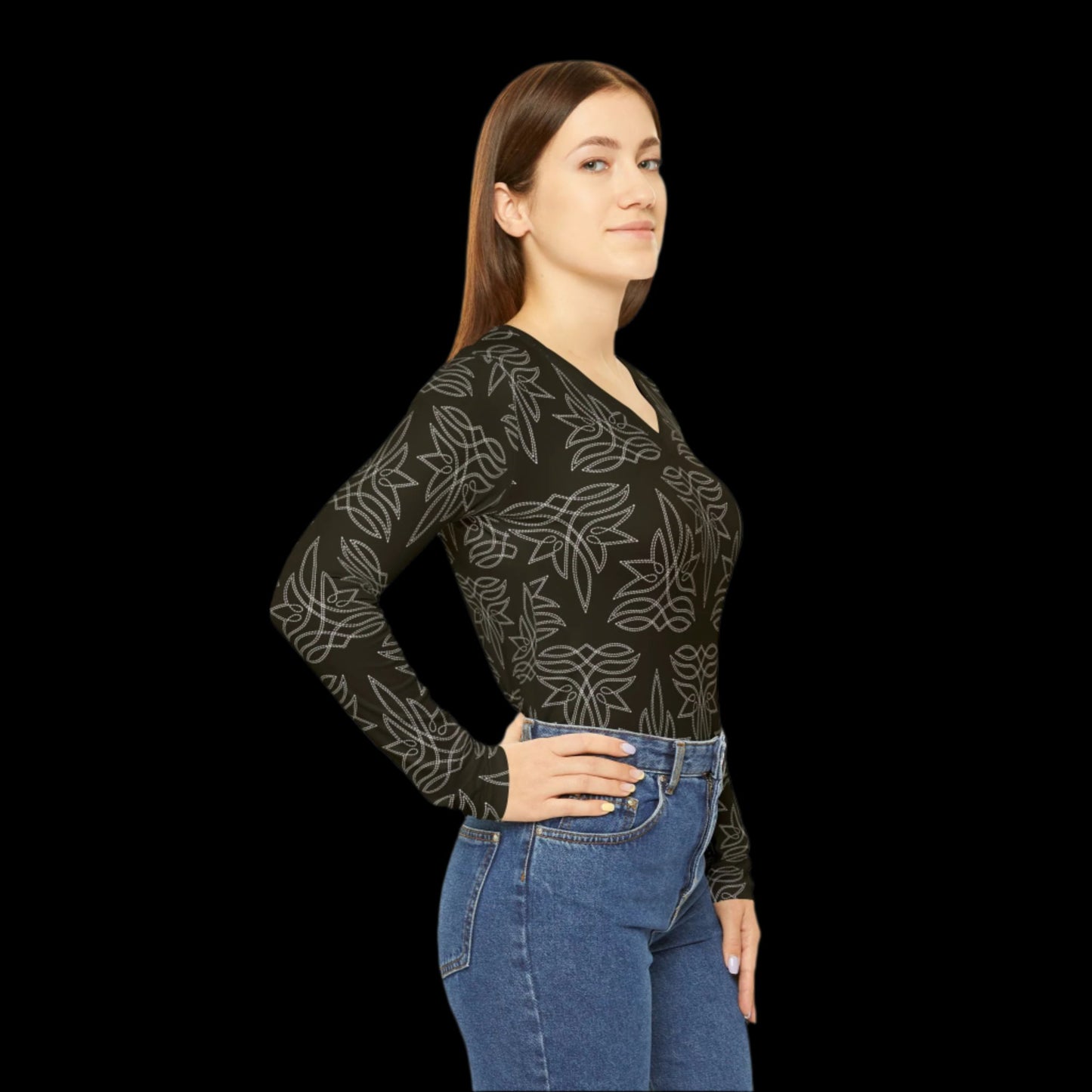 Boot Stitch Dark Brown, Women's Long Sleeve V-neck Shirt (AOP)