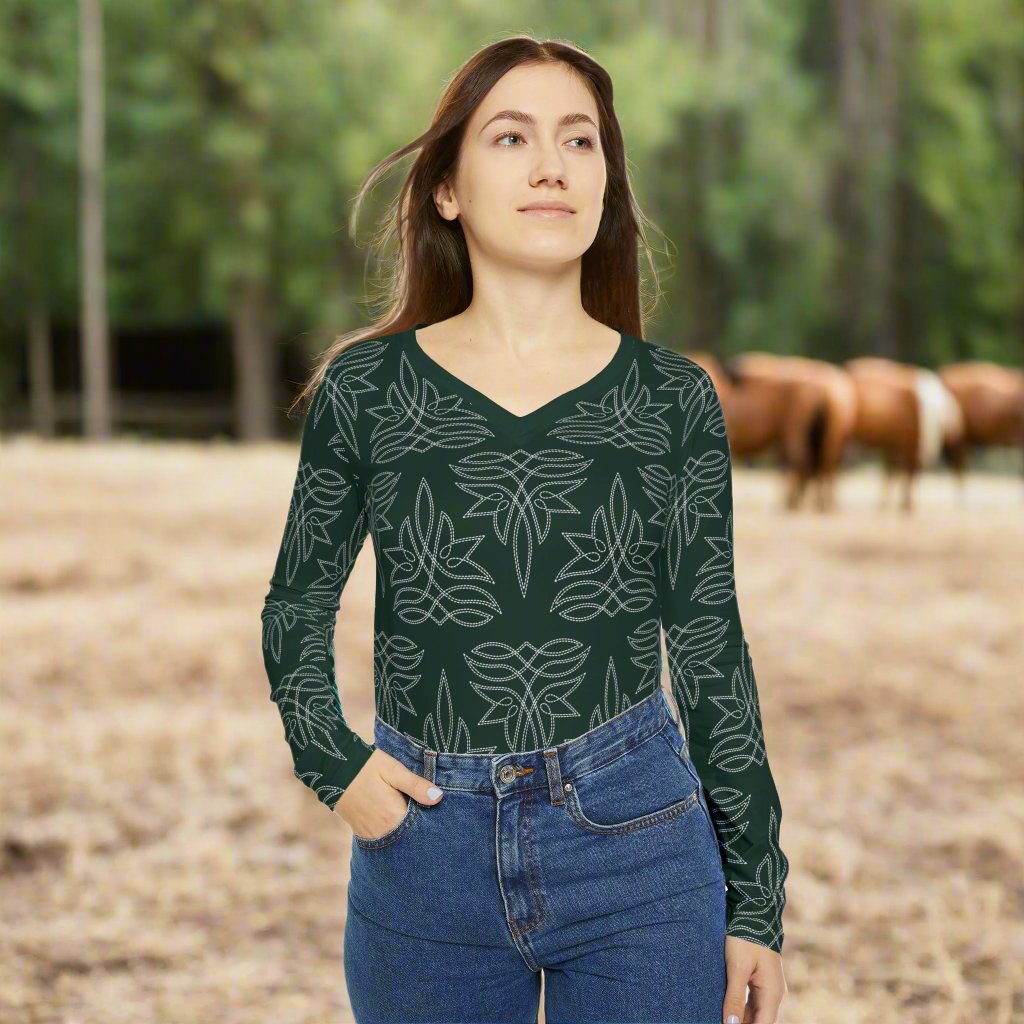 Boot Stitch Dark Green, Women's Long Sleeve V-neck Shirt (AOP)
