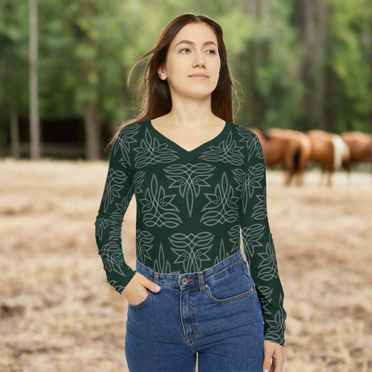 Boot Stitch Dark Green, Women's Long Sleeve V-neck Shirt (AOP)