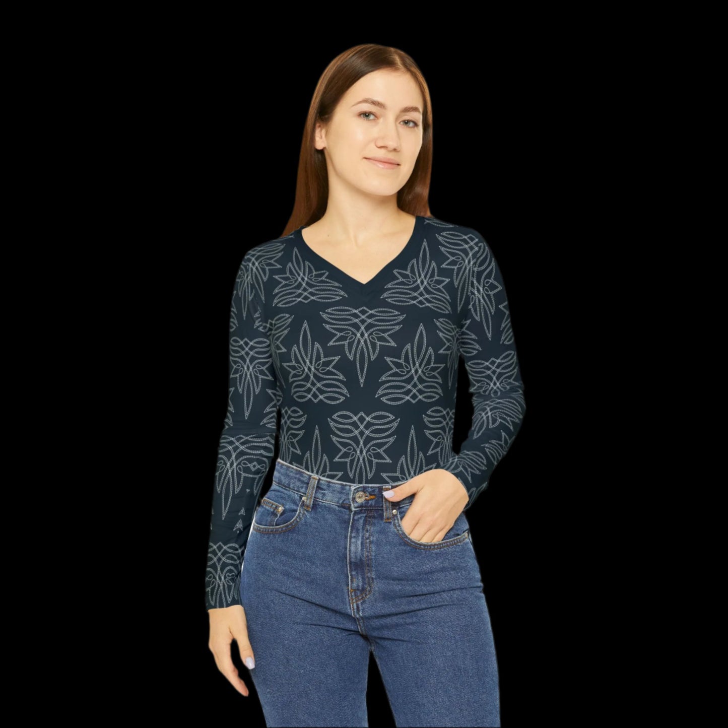 Boot Stitch Dark Blue, Women's Long Sleeve V-neck Shirt (AOP)