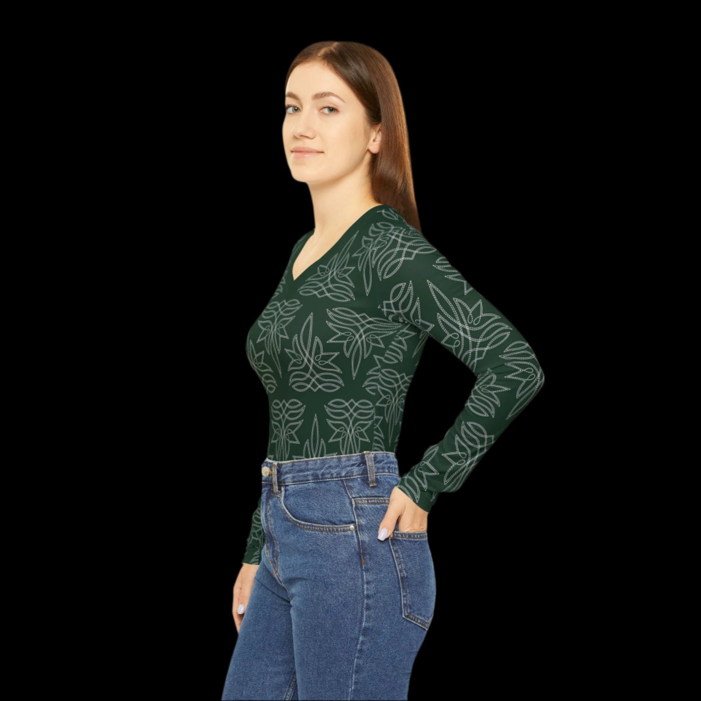 Boot Stitch Dark Green, Women's Long Sleeve V-neck Shirt (AOP)