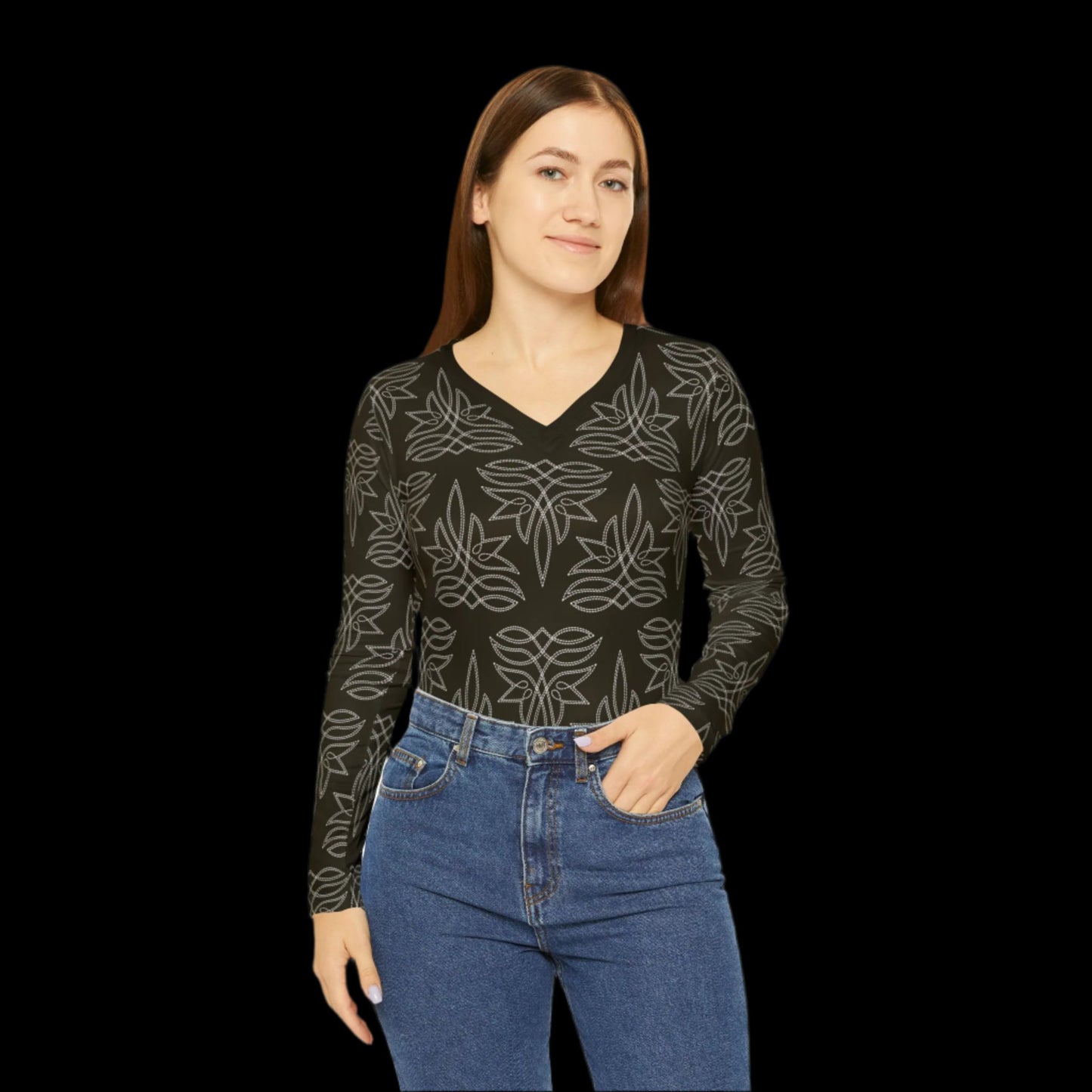 Boot Stitch Dark Brown, Women's Long Sleeve V-neck Shirt (AOP)