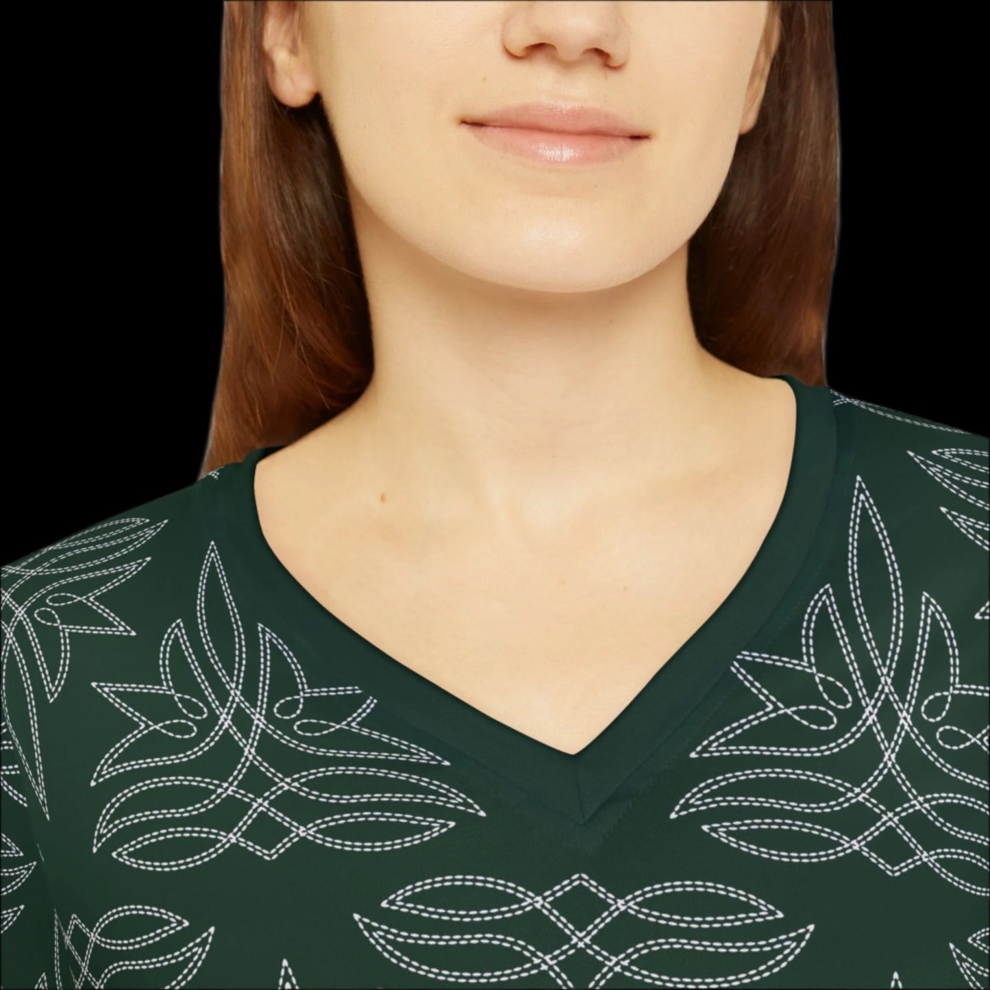 Boot Stitch Dark Green, Women's Long Sleeve V-neck Shirt (AOP)