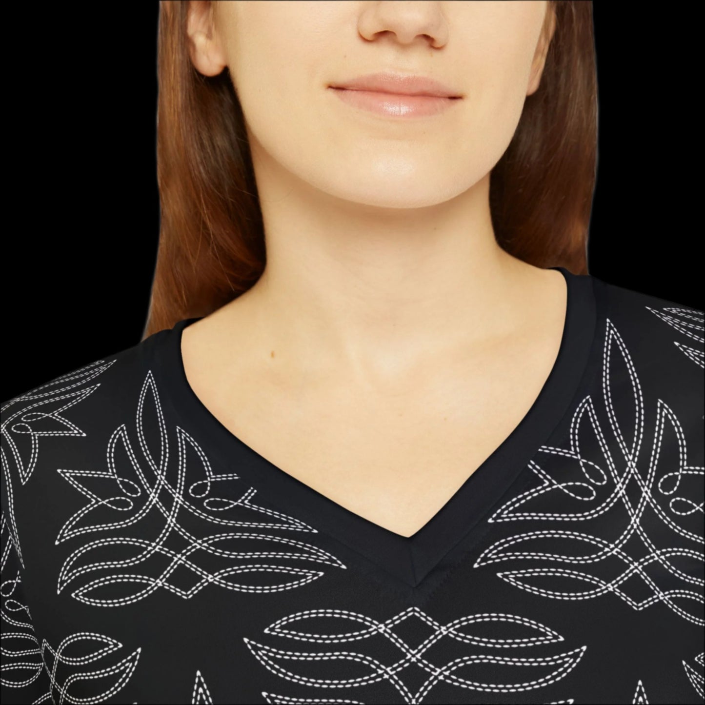 Boot Stitch, Black Women's Long Sleeve V-neck Shirt (AOP)