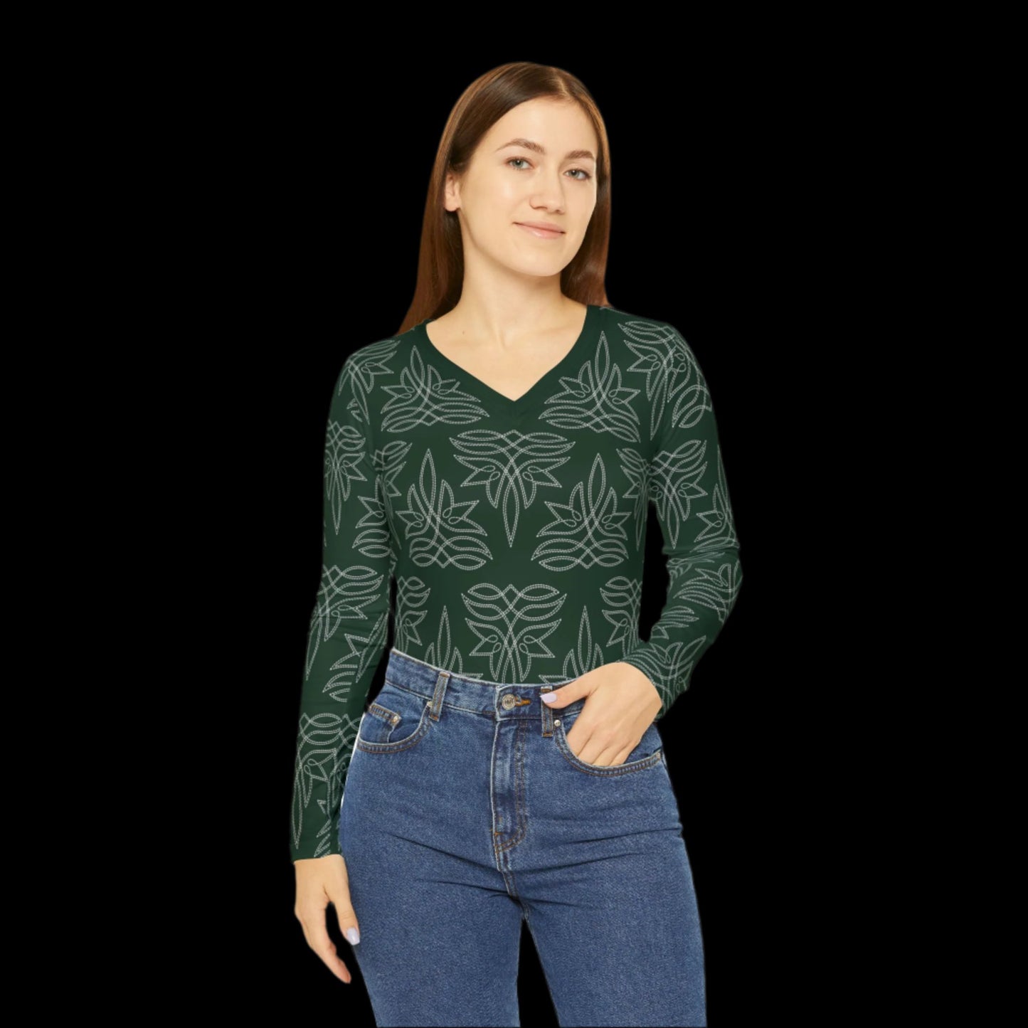 Boot Stitch Dark Green, Women's Long Sleeve V-neck Shirt (AOP)
