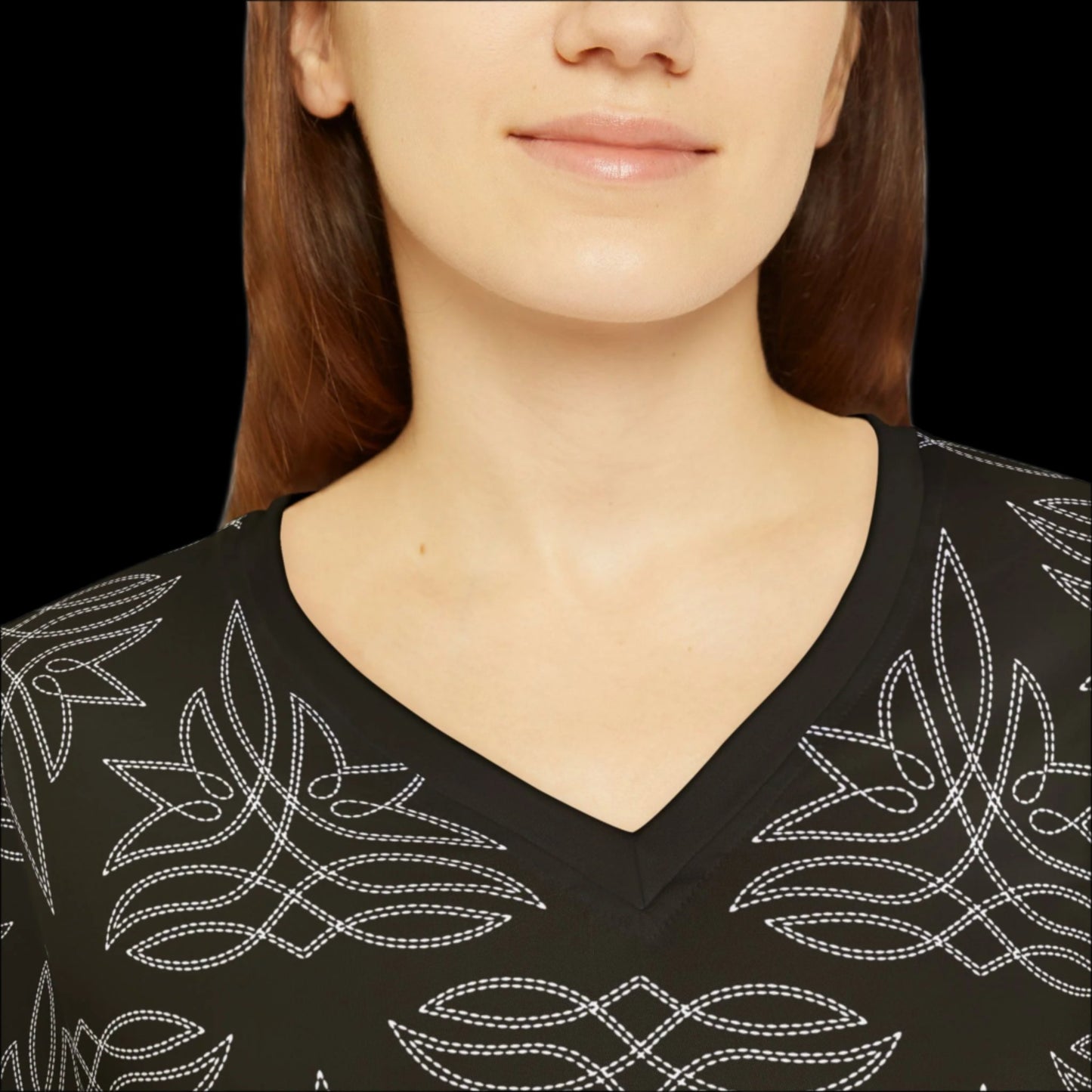 Boot Stitch Dark Brown, Women's Long Sleeve V-neck Shirt (AOP)