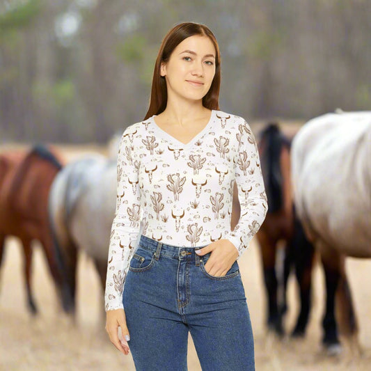 Longhorn Skull, Women's Long Sleeve V-neck Shirt (AOP)