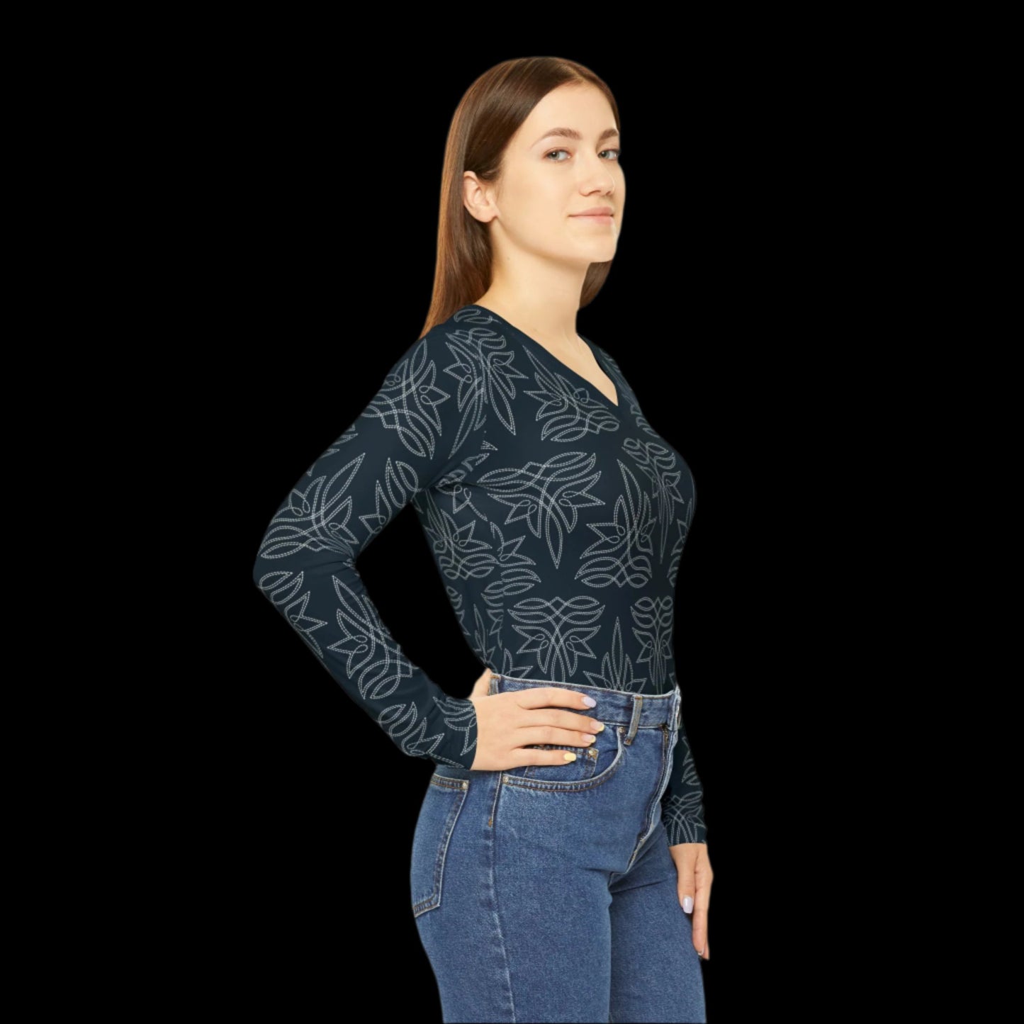 Boot Stitch Dark Blue, Women's Long Sleeve V-neck Shirt (AOP)