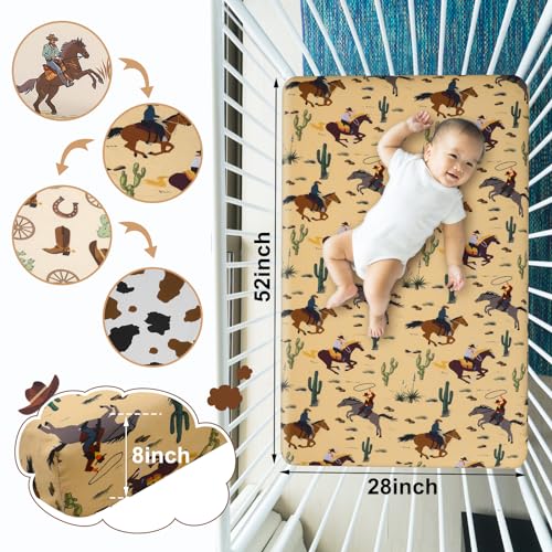 4 Pcs Western Cowboy Crib Sheet Set Baby Sheet Newborn Bedding Nursery Crib Sheets for Girl Boys Baby Gifts for Standard Crib and Toddler Mattresses, 52 x 28 x 8 Inches