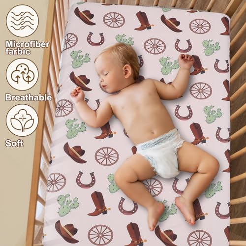 4 Pcs Western Cowboy Crib Sheet Set Baby Sheet Newborn Bedding Nursery Crib Sheets for Girl Boys Baby Gifts for Standard Crib and Toddler Mattresses, 52 x 28 x 8 Inches