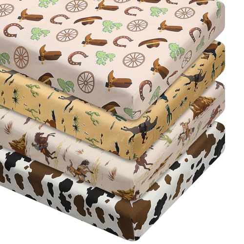 4 Pcs Western Cowboy Crib Sheet Set Baby Sheet Newborn Bedding Nursery Crib Sheets for Girl Boys Baby Gifts for Standard Crib and Toddler Mattresses, 52 x 28 x 8 Inches