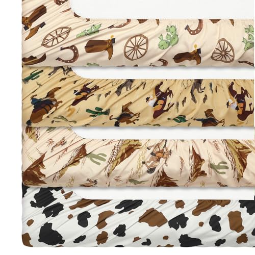 4 Pcs Western Cowboy Crib Sheet Set Baby Sheet Newborn Bedding Nursery Crib Sheets for Girl Boys Baby Gifts for Standard Crib and Toddler Mattresses, 52 x 28 x 8 Inches