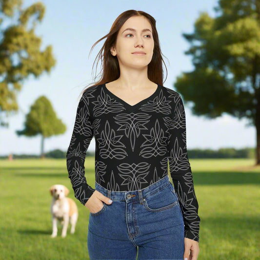 Boot Stitch, Black Women's Long Sleeve V-neck Shirt (AOP)