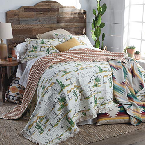 Rod's Vintage Cactus (Quilt Set) Desert Mountain Scene Ruffle - Green, Yellow, Gold, Terracotta, Rust, Brown, White - 3 Piece King Bedding Set - (1) King Quilt (105x95in) and (2) King Shams (20x36in)