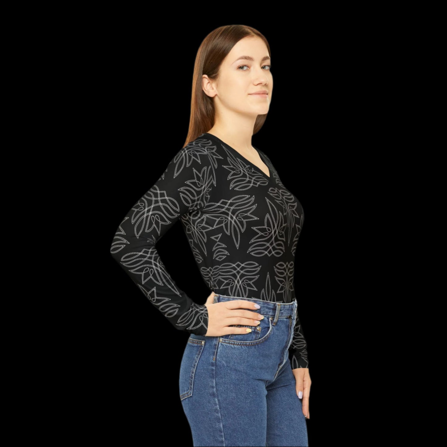 Boot Stitch, Black Women's Long Sleeve V-neck Shirt (AOP)