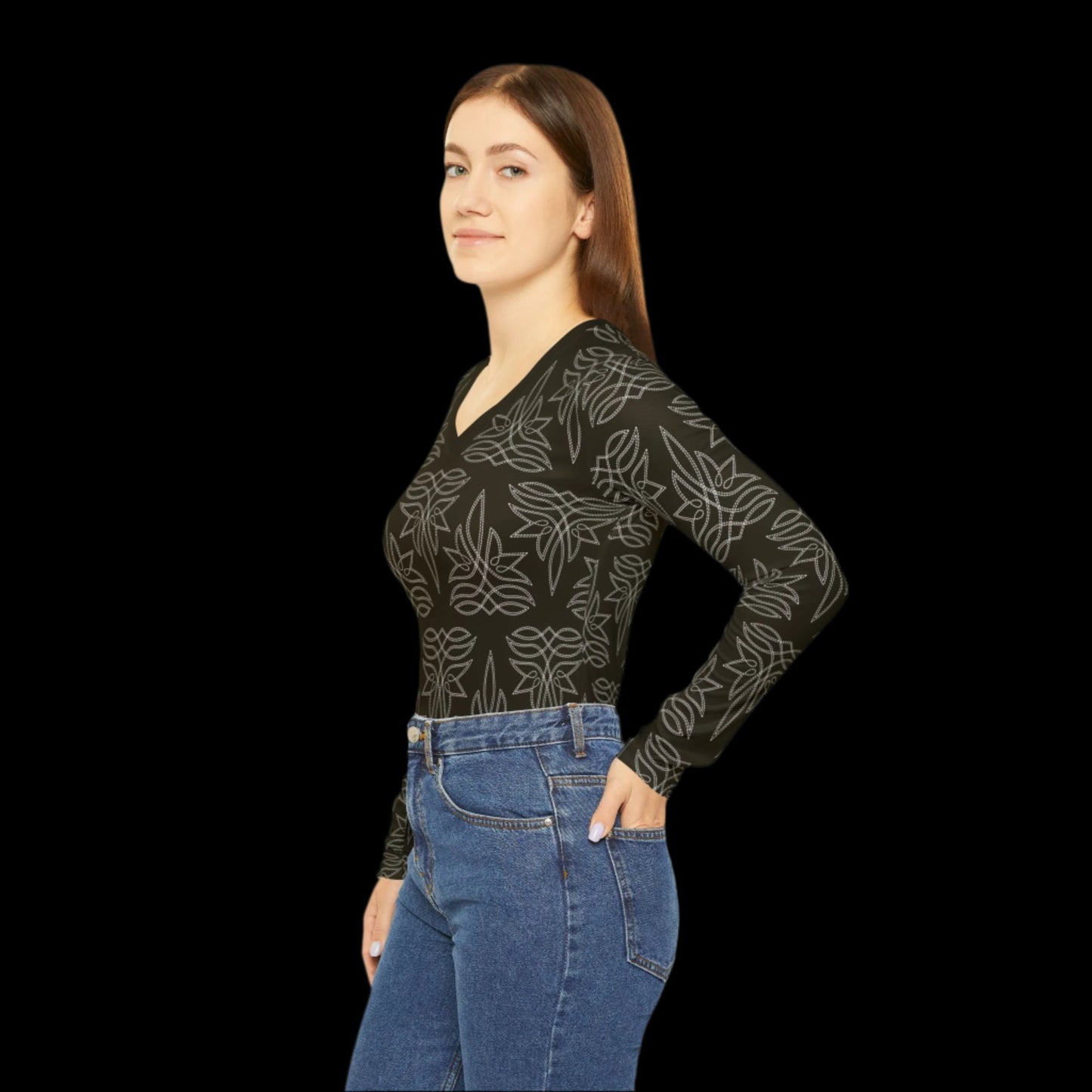 Boot Stitch Dark Brown, Women's Long Sleeve V-neck Shirt (AOP)