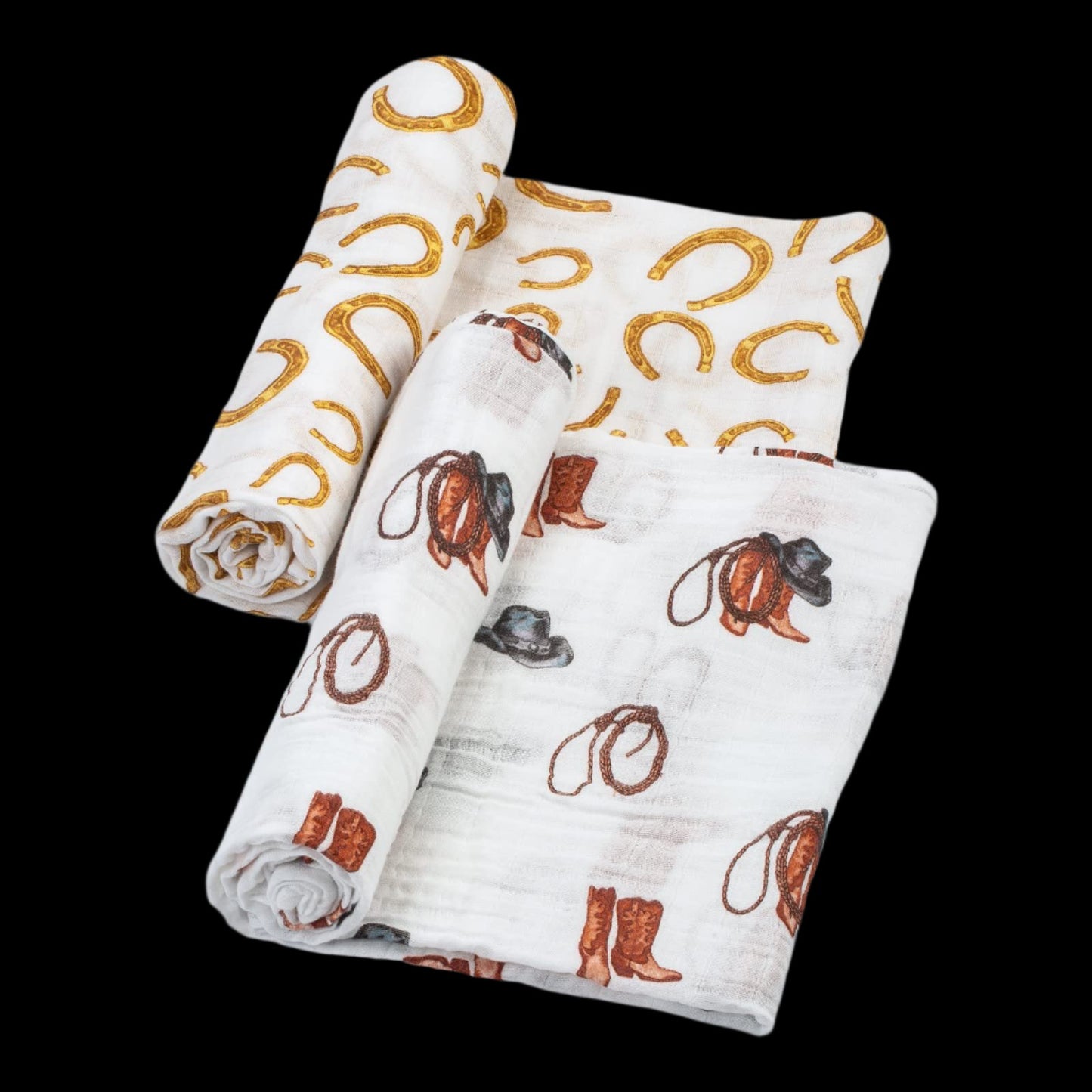 LollyBanks Swaddle Blanket | 100% Muslin Cotton | Gender Neutral Newborn and Baby Nursery Essentials for Girls and Boys, Registry | Cowboy Boot and Horseshoe 2 Pack