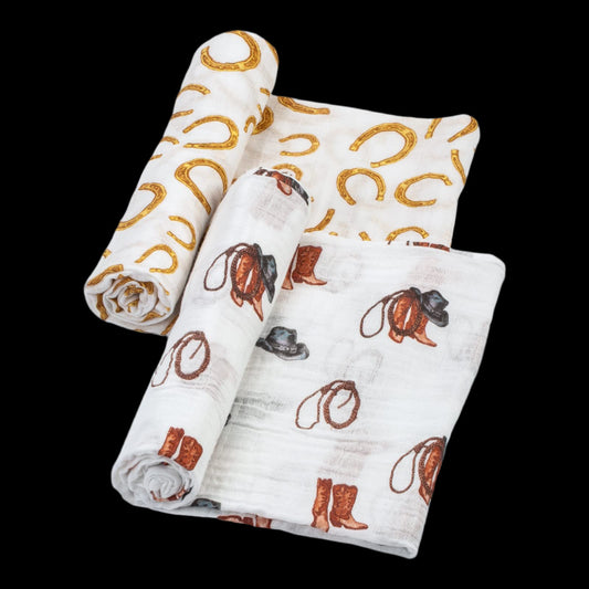 LollyBanks Swaddle Blanket | 100% Muslin Cotton | Gender Neutral Newborn and Baby Nursery Essentials for Girls and Boys, Registry | Cowboy Boot and Horseshoe 2 Pack