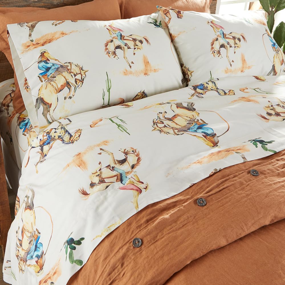 Rod's Bronco (Sheet Set)-4 Piece King Sheet Set- Rust Tan Blue Green-Top Sheet (112x102in)-Fitted Sheet (78x80x15in) Two Pillow Cases (20x40in)-Cotton.