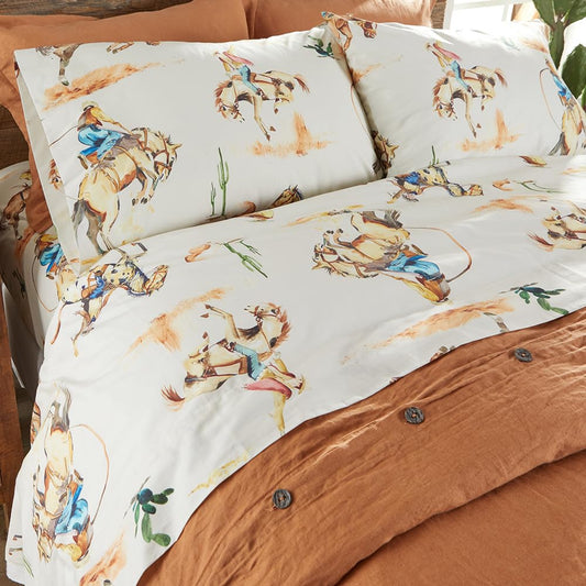 Rod's Bronco (Sheet Set)-4 Piece King Sheet Set- Rust Tan Blue Green-Top Sheet (112x102in)-Fitted Sheet (78x80x15in) Two Pillow Cases (20x40in)-Cotton.